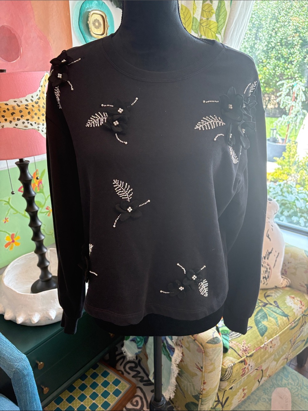 Anthropologie Black Embellished Floral Sweatshirt